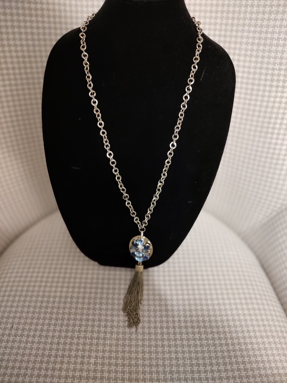 Chico's Silver-Tone Necklace with Blue Crystal Pendant and Gray Tassel